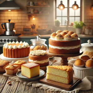 DALL·E 2024-08-28 14.56.04 - A cozy kitchen scene featuring a variety of beautifully baked homemade cakes and sponges on a rustic wooden table. The cakes include classics like yog